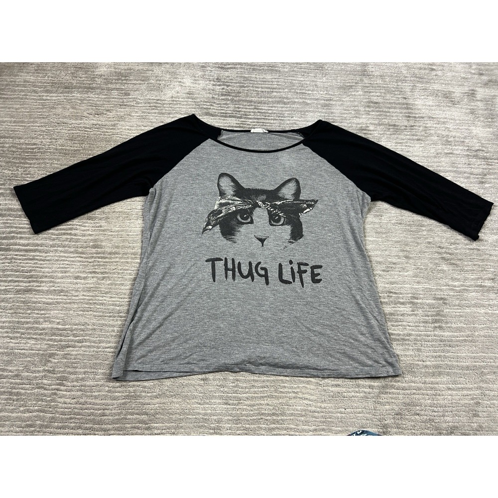 Touch Blue Shirt Womens Gray Black Raglan Half Sleeve Thug Life Cat‎ Graphic